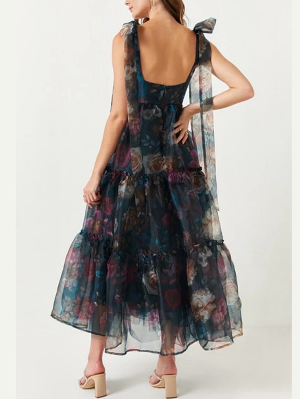 Audrey Parks x Francesca’s Sheer Floral Tie-Shoulder Midi Dress - Black Floral M